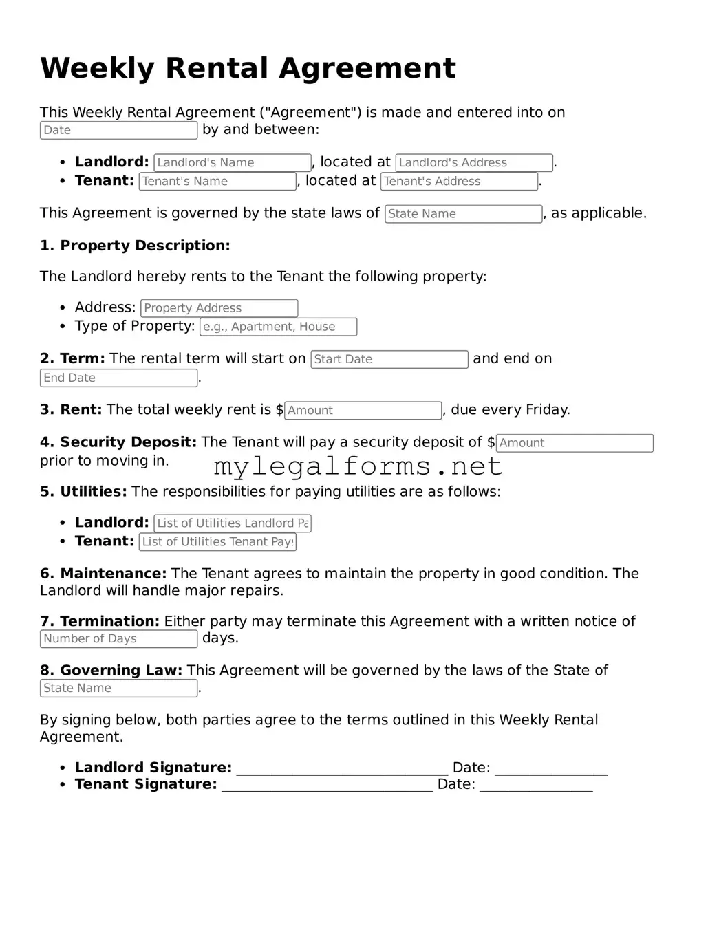 Attorney-Approved Weekly Rental Agreement Form