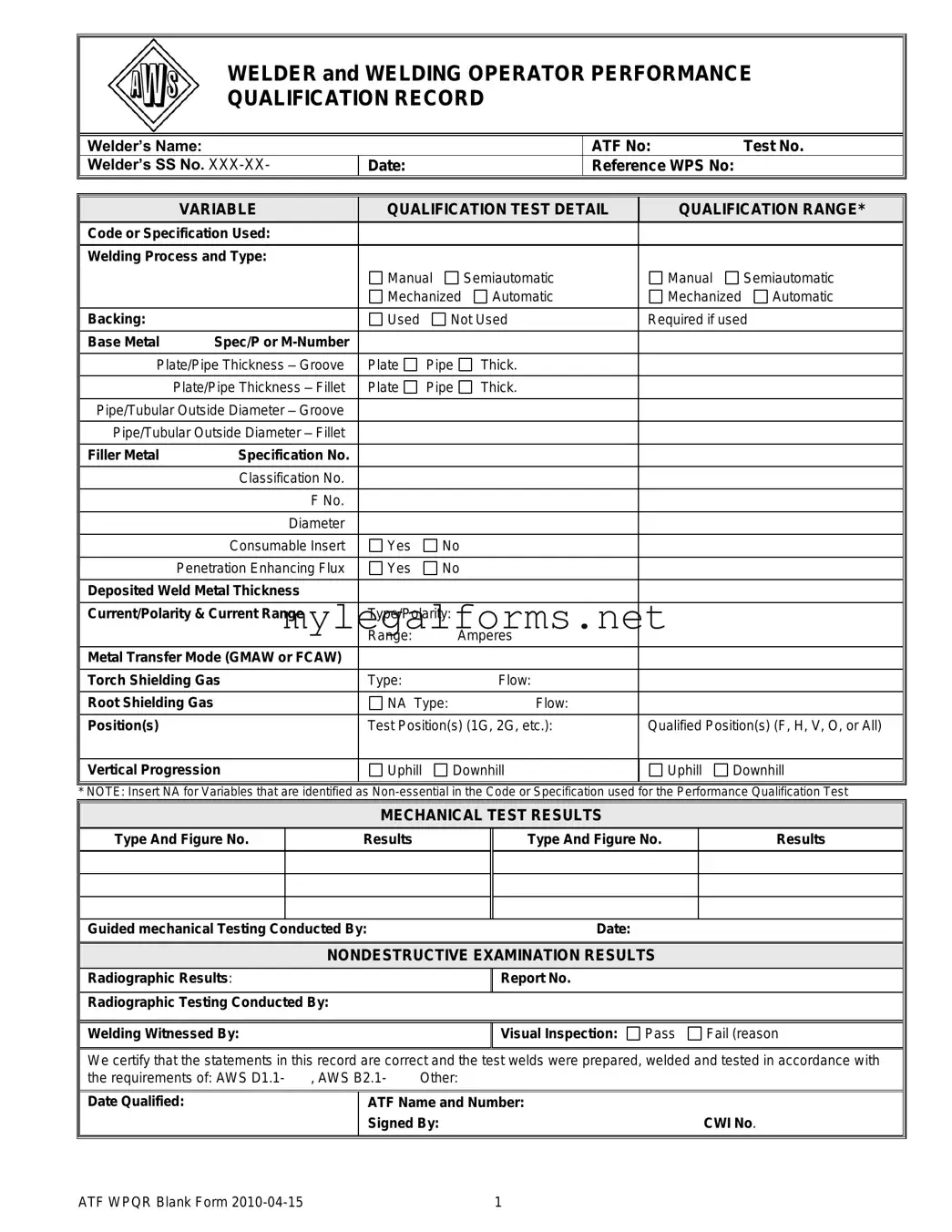 Welder Performance Qualification Record Template